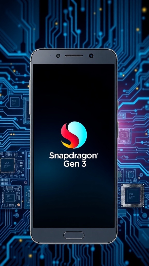 Smartphone with Snapdragon 8 Gen 3 logo and high-tech components in a digital design background.